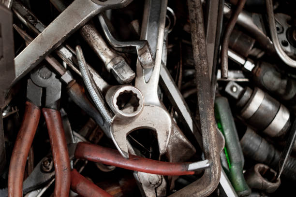 istock Background and texture of old tools in toolbox. Wrench, screwdriver and pliers in tool box. 862688496