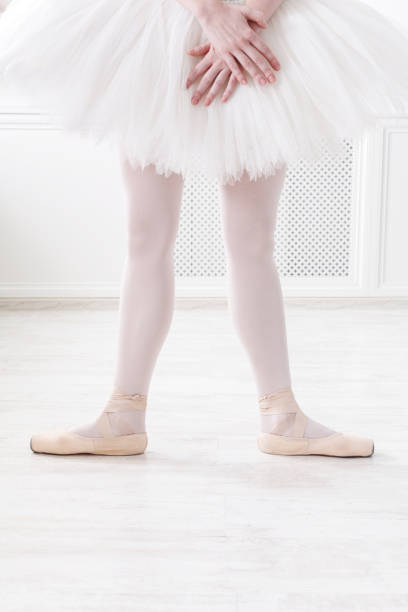 Ballerina legs second position in pointe, ballet dancer concept background, vertical image