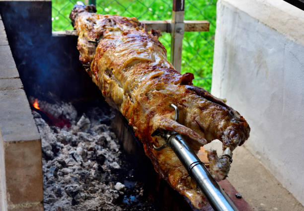baking lambs on a spit Balkans, Croatia, Dalmatia Region - Croatia, Animal, Baking, serbia spit stock pictures, royalty-free photos & images