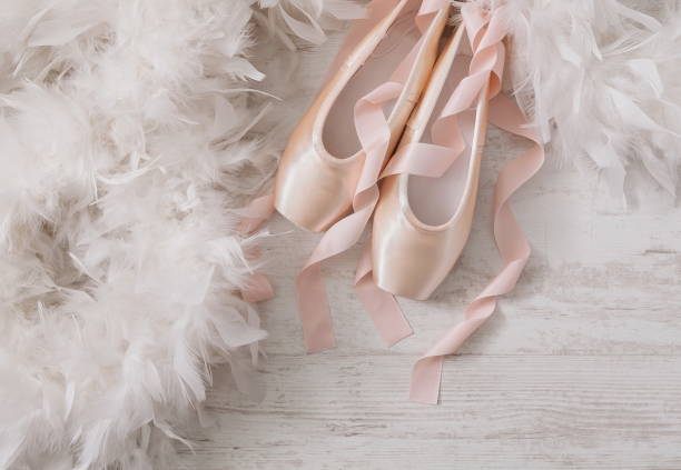 scarpe a punta da balletto rosa e piuma su sfondo legno bianco - couple traditional culture pair close up foto e immagini stock