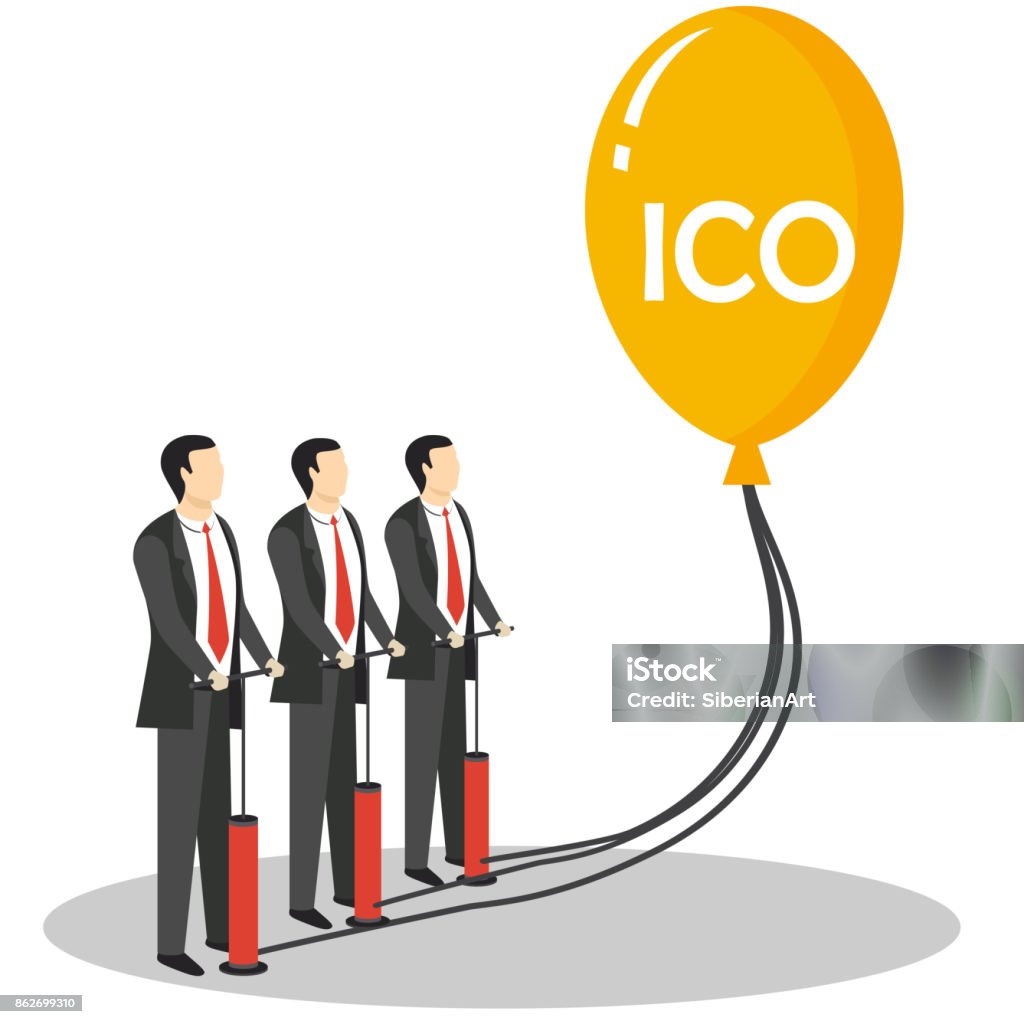 Initial coin offering concept vector illustration Initial coin offering concept vector illustration. Businessmen blowing balloon with ICO lettering. Abstract stock vector