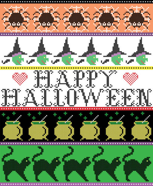 illustrations, cliparts, dessins animés et icônes de point de croix scandinave et jour férié américain traditionnel inspirent transparente motif happy halloween avec des ornements de spider, de web, de sorcière, de chaudières, de chat et de décor en violet, orange, noir, jaune, vert - cross spider