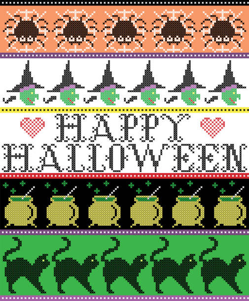 ilustrações de stock, clip art, desenhos animados e ícones de scandinavian cross stitch and traditional american holiday inspired seamless happy halloween pattern with spider, web, witch, boiler, cat and decor ornaments in purple, orange, black, yellow, green - cross spider