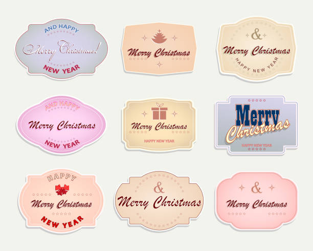 Christmas label with light colors, set Christmas label, emblem of light colors with text, set bell sleeve stock illustrations