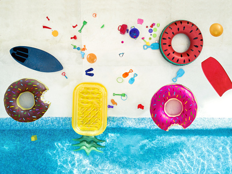 Aerial view of toys in the pool