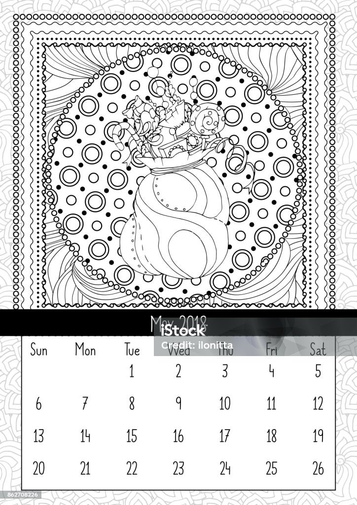 Santas sack with candy and gifts, calendar may 2018 Santas sack with candy and gifts, calendar may 2018. Doodle christmas bag full of sweets coloring book page for adults and kids. Black and white thin line art vector illustration, pattern 2018 stock vector