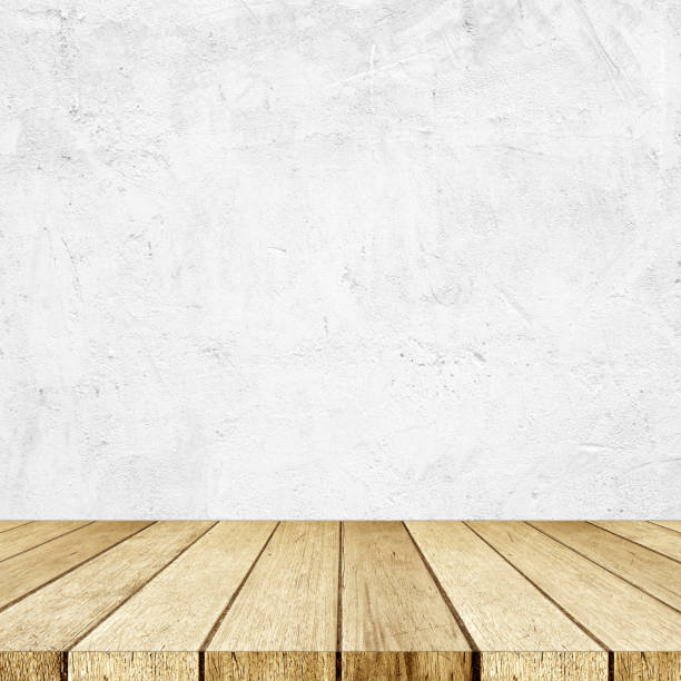 istock Empty perspective wood and white cement wall background, room, table top, shelf for product display montage background, mock up, vintage style 862712610