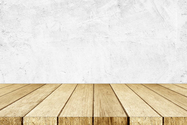 istock Empty perspective wood and white cement wall background, room, table top, shelf for product display montage background, mock up, vintage style 862712704