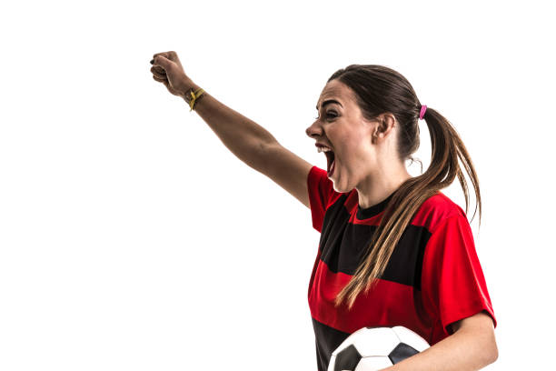 足球女人紅色和黑色制服白色背景上孤立 - nigeria soccer 個照片及圖片檔