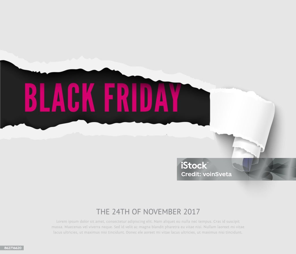 Black friday vector banner Black friday vector template with realistic paper hole with roll Torn stock vector
