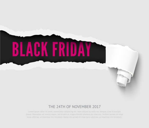 Black friday vector banner Black friday vector template with realistic paper hole with roll torn paper stock illustrations