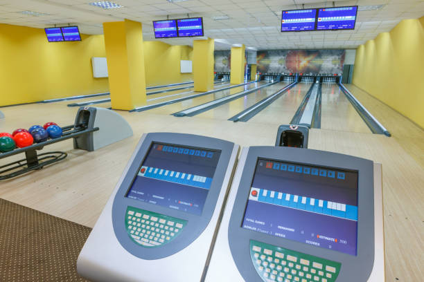 istock Bowling balls return machine, alley background 862717374