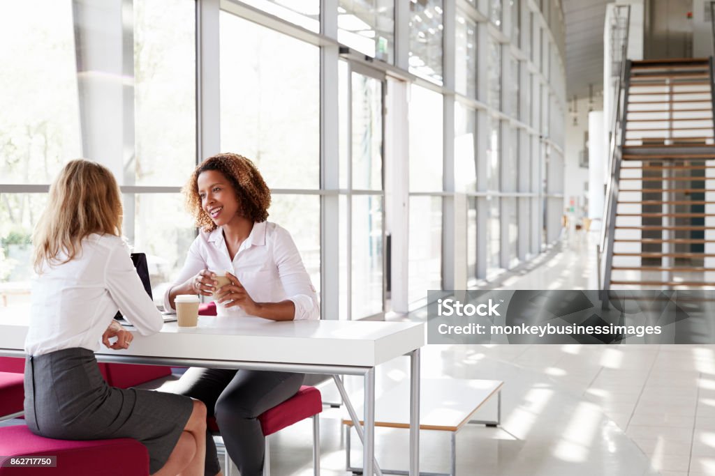Two young businesswomen at a meeting, talking Business Meeting Stock Photo