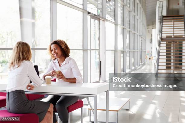 Two Young Businesswomen At A Meeting Talking Stock Photo - Download Image Now - Business Meeting, Talking, Businesswoman