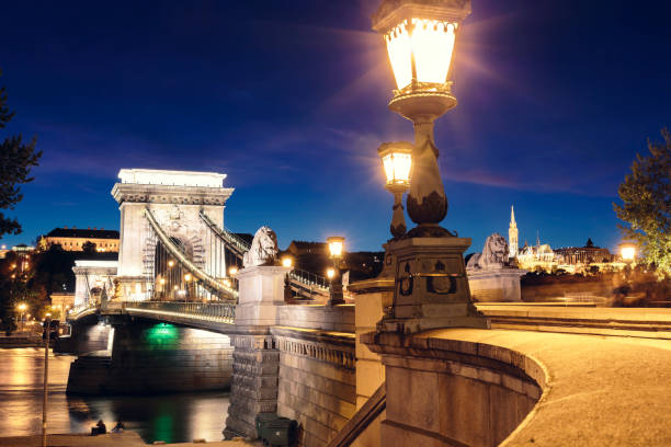 освещенный вид крупным планом на цепной мост шечени и церковь маттиаса в будапеште ночью - chain bridge budapest bridge lion стоковые фото и изображения