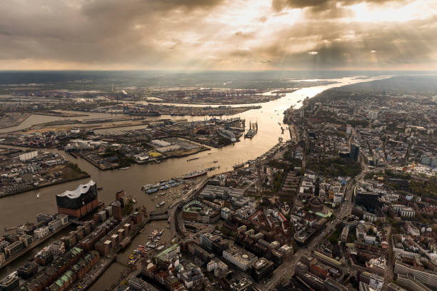Aerial view Hamburg, Elbe, Landungsbrücken, port