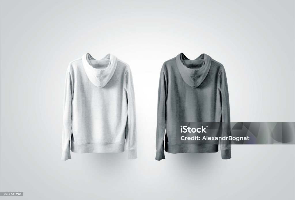 Blank black and white sweatshirt mockup set, back side view Blank black and white sweatshirt mockup set, back side view. Empty sweat shirt mock up, backwards. Clear cotton hoody template. Plain textile hoodie. Loose overall jumper dress for printing. Back Stock Photo