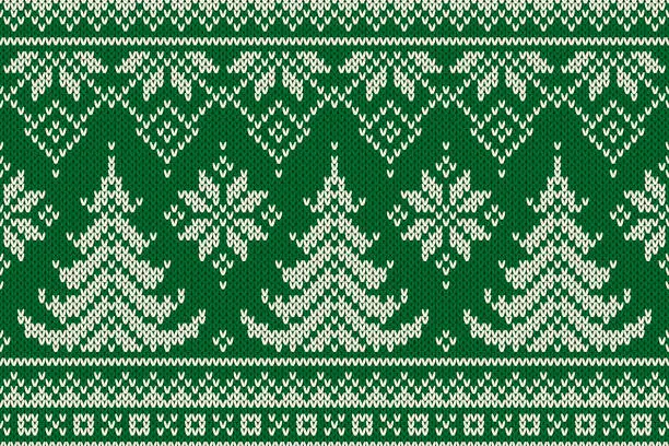 Vector illustration of Winter Holiday Seamless Knitted Pattern with a Christmas Trees. Knitting Sweater Design. Wool Knitted Texture