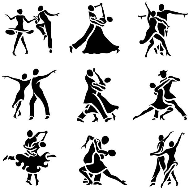 Latin and Ballroom Dance Styles Icons Set Icon set of dancing couples in representative ballroom and Latin dance styles. Single colour silhouettes. swing dancing stock illustrations