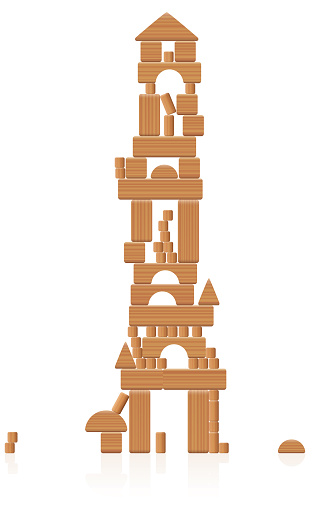 Wooden tower building made of toy blocks - many different natural wood elements - a typical childhood concentration game. Vector on white background.