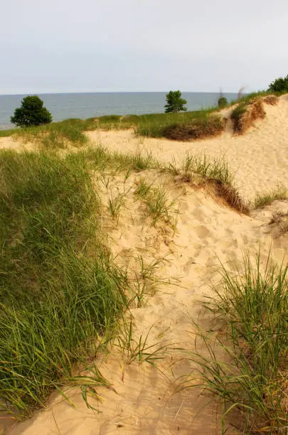 Summer landscape with foot printed sand dunes lead to the lake Michigan beach. Nature of Wisconsin background. Travel midwest USA.