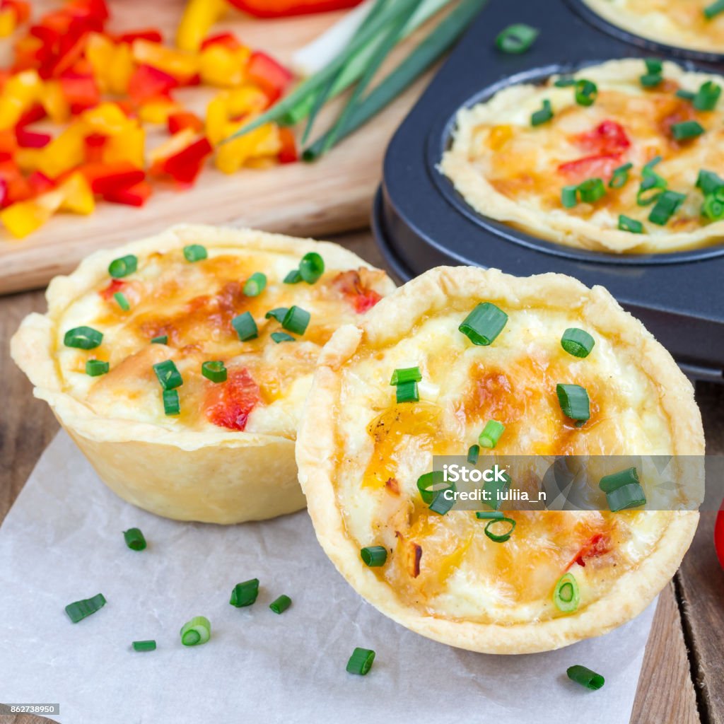 Mini quiche with chicken and bell pepper, square format Quiche Stock Photo