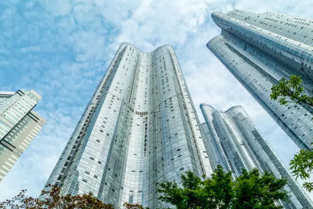 Up view on skyscrapers in Busan, Zenith square, Haeundae district, South Korea