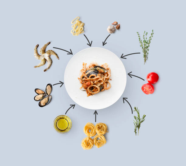 cooking ingredients for italian food, seafood pasta, isolated on blue - divided plate imagens e fotografias de stock