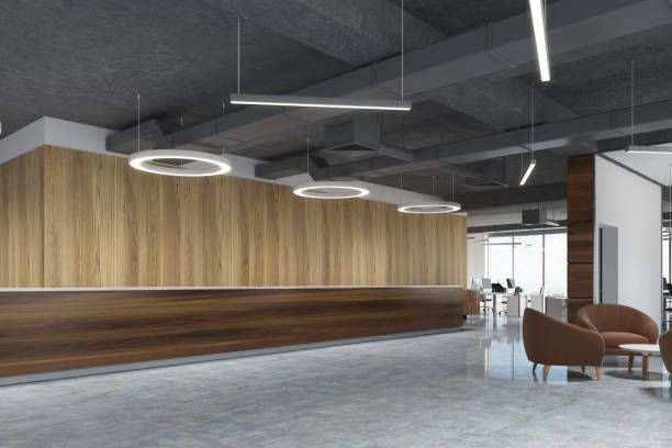 istock Dark wood reception in round lamp office, side 862752006