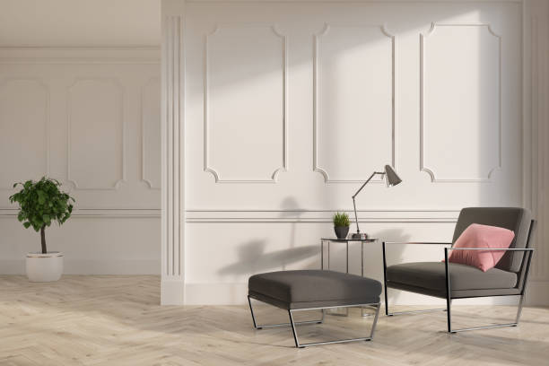 istock White living room interior, gray armchair 862754258