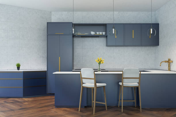 istock Gray and blue kitchen with a bar 862755082