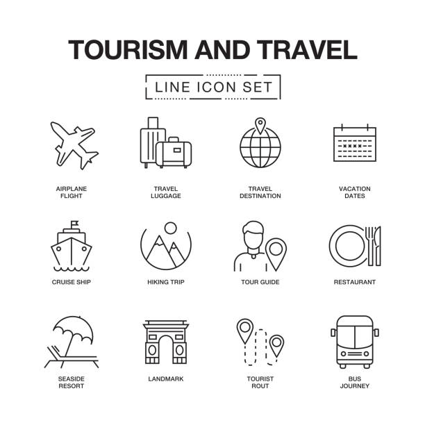 illustrazioni stock, clip art, cartoni animati e icone di tendenza di set icone delle linee turistiche e di viaggio - travel tourism symbol ship