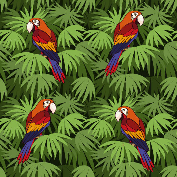 Seamless, Parrot and Leaves Seamless Pattern, Tropical Landscape, Colorful Parrots on Green Leaves Exotic Plants, Tile Background. Vector echo parakeet stock illustrations