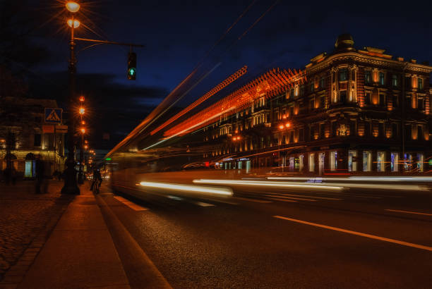 Photo of Nevsky prospect in Saint-Petersburg at night with blurry traffic of cars.