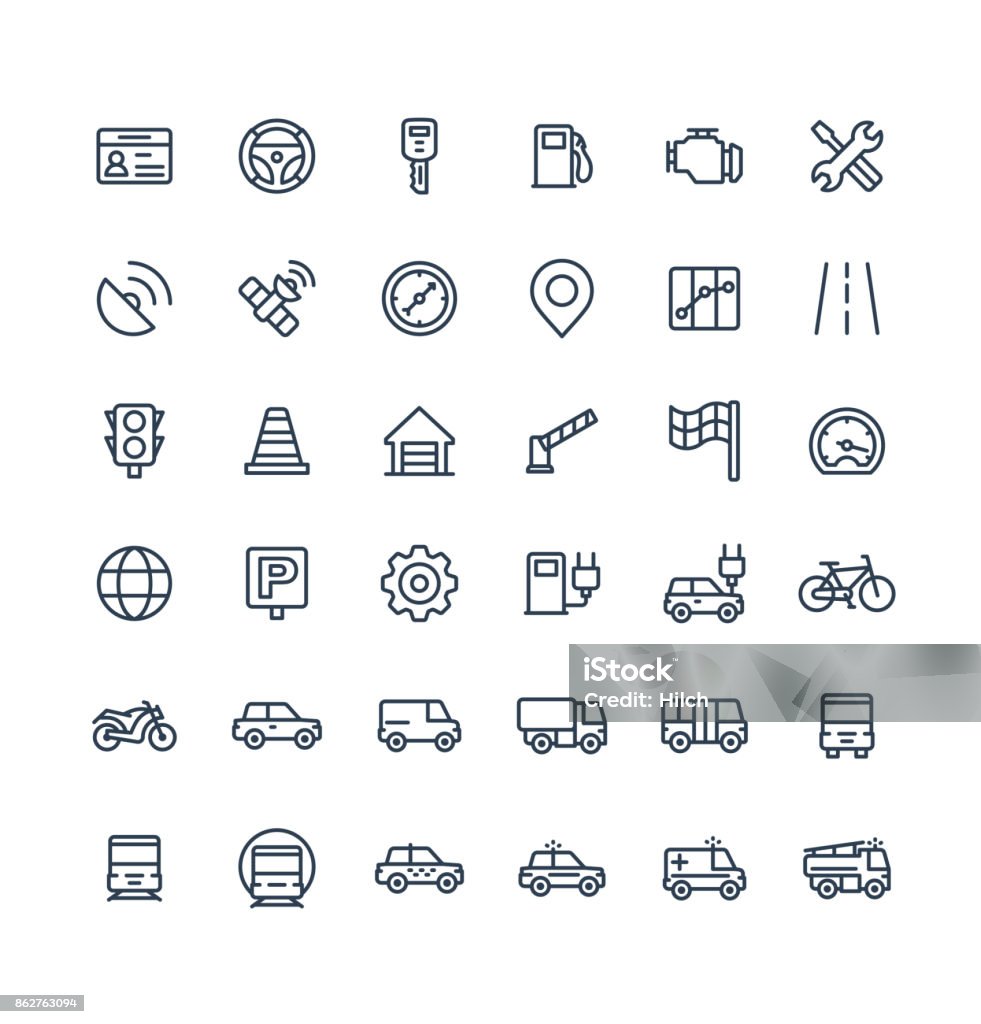 Vector thin line icons set with transport, navigation outline symbols. Vector thin line icons set and graphic design elements. Illustration with transport, navigation outline symbols. Driver license, wheel, gas station, road service, GPS, traffic light linear pictogram Driver's License stock vector