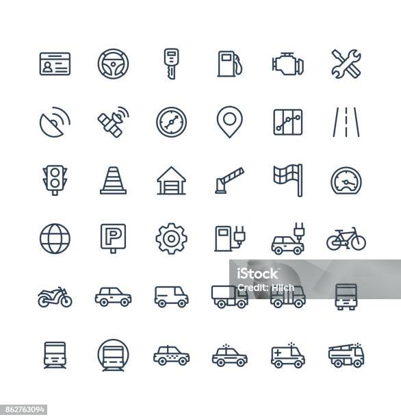 Vector Thin Line Icons Set With Transport Navigation Outline Symbols Stock Illustration - Download Image Now