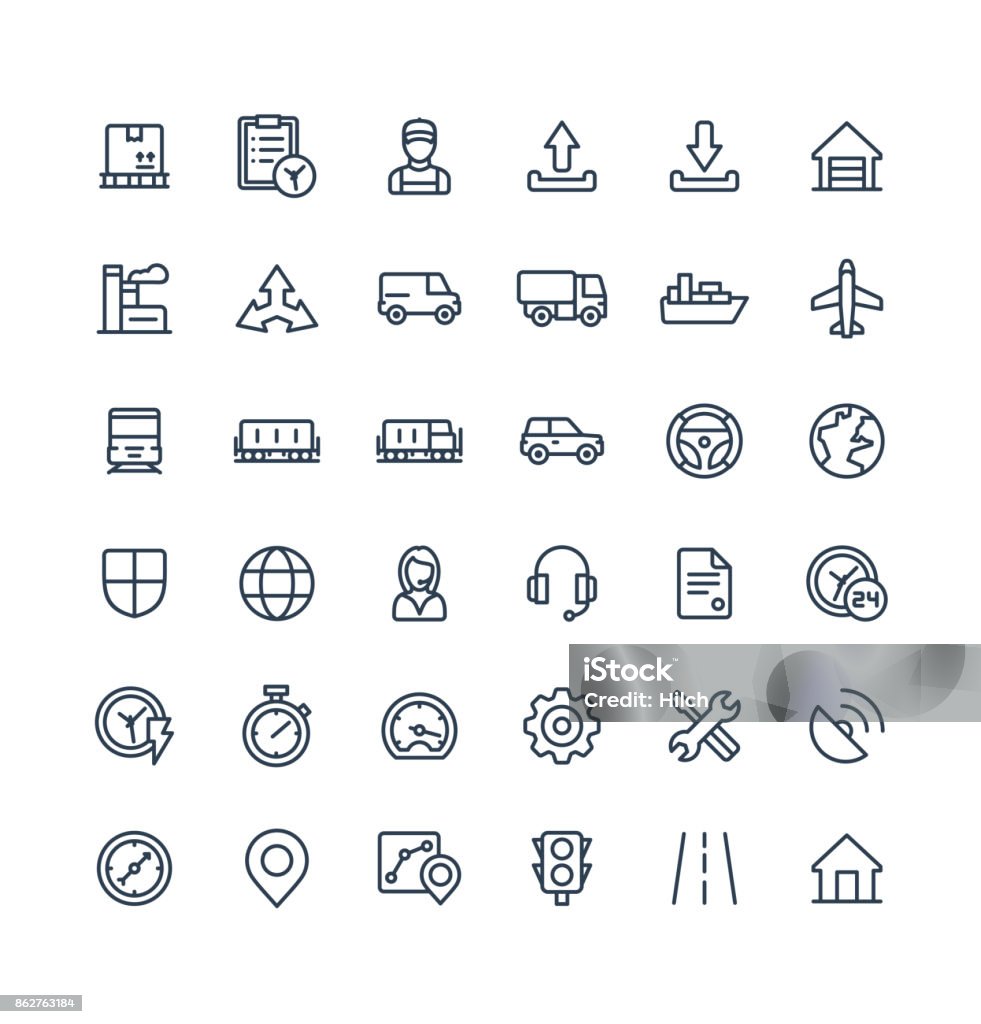 Vector thin line icons set with Logistic, delivery business, distribution outline symbols. Vector thin line icons set and graphic design elements. Illustration with Logistic, delivery business, distribution outline symbols. Service, export, shipping, transport linear pictogram Icon Symbol stock vector