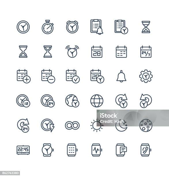 Vector Thin Line Icons Set With Date And Time Outline Symbols Stock Illustration - Download Image Now