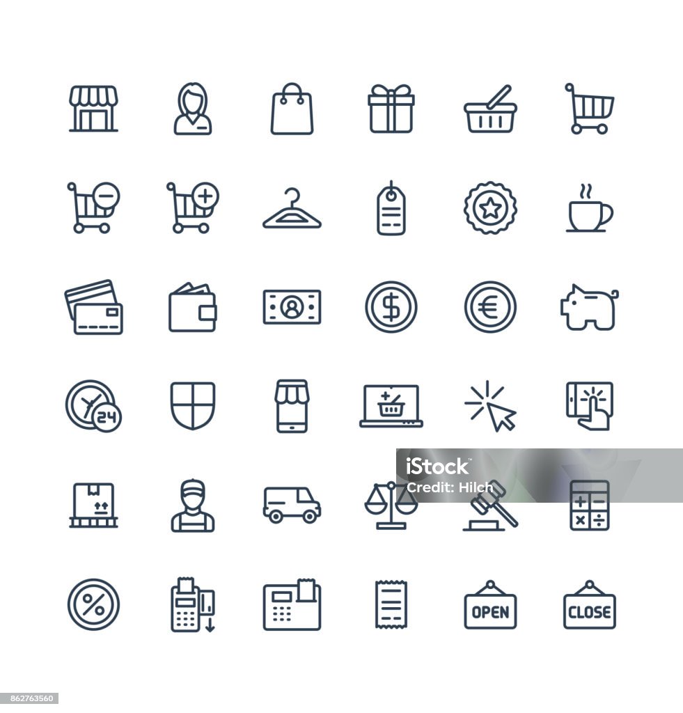 Vector thin line icons set with shopping and e-commerce outline symbols. Vector thin line icons set and graphic design elements. Illustration with shopping, e-commerce outline symbols. Internet market, store, delivery, gift box, bag, payment, pay per click pictogram Online Shopping stock vector