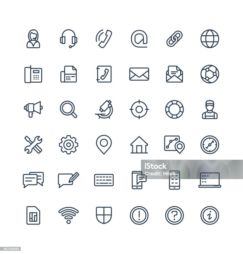 Vector thin line icons set with contact us, technical support service outline symbols. Vector thin line icons set and graphic design elements. Illustration with contact us, technical support service outline symbols. Communication, client call, envelope, customer care linear pictogram Icon Symbol stock vector