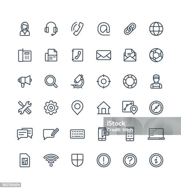 Vector Thin Line Icons Set With Contact Us Technical Support Service Outline Symbols Stock Illustration - Download Image Now