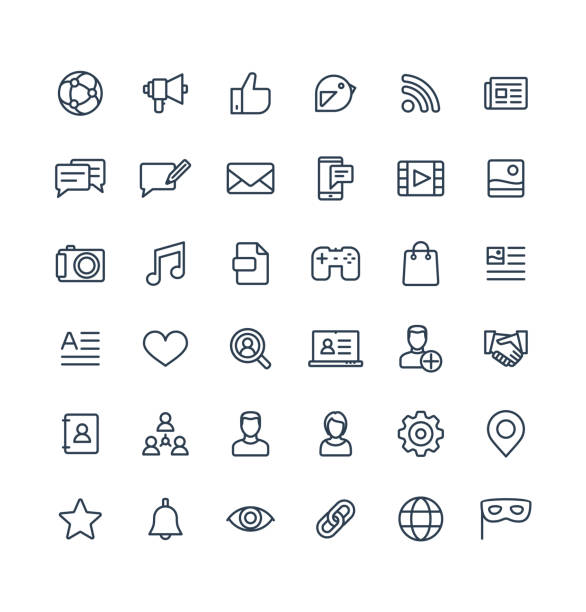 Vector thin line icons set with social media, network outline symbols. Vector thin line icons set and graphic design elements. Social media, network outline symbols illustration. Like, video content, message, comment, subscribe, profile, views, followers linear pictogram conceptual symbol stock illustrations