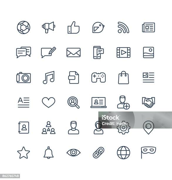 Vector Thin Line Icons Set With Social Media Network Outline Symbols Stock Illustration - Download Image Now