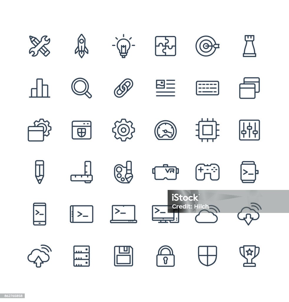 Vector thin line icons set with digital development outline symbols Vector thin line icons set and graphic design elements. Illustration with digital development outline symbols. Startup, idea bulb, research, game, content, software, app programming linear pictogram Icon Symbol stock vector