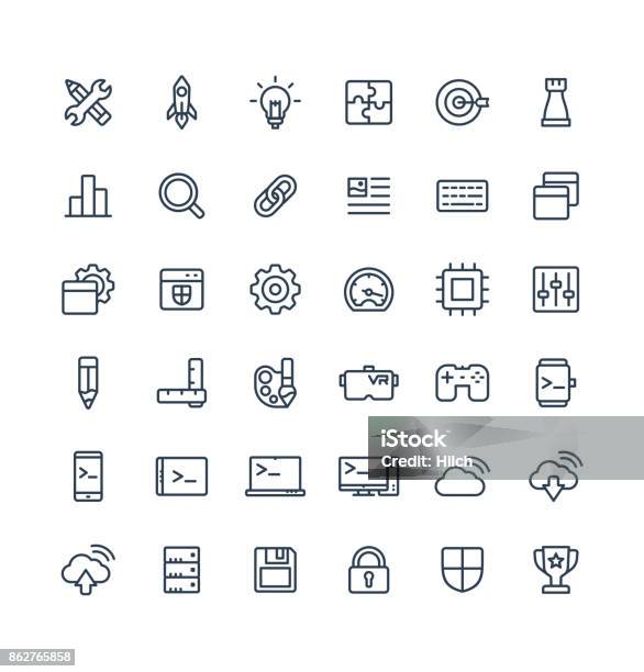 Vector Thin Line Icons Set With Digital Development Outline Symbols Stock Illustration - Download Image Now