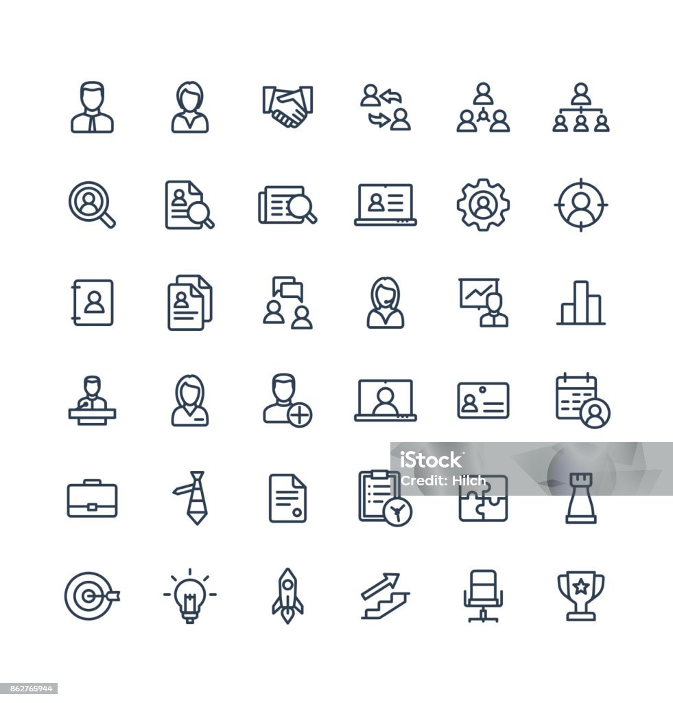 Vector thin line icons set business and management outline symbols. Vector thin line icons set and graphic design elements. Illustration with business and management outline symbols. Marketing research, strategy, work people, career, job interview linear pictogram Icon Symbol stock vector