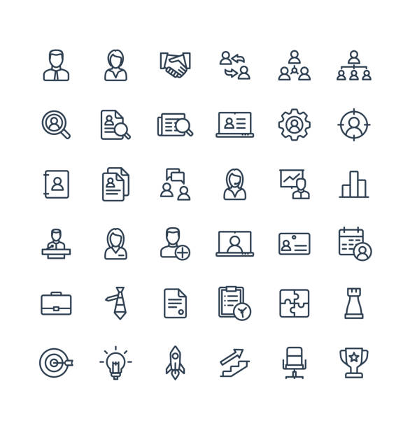 Vector thin line icons set business and management outline symbols. Vector thin line icons set and graphic design elements. Illustration with business and management outline symbols. Marketing research, strategy, work people, career, job interview linear pictogram interview event designs stock illustrations