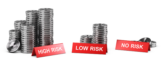 3D illustration, of coins piles and red signs with texts high, low and no risk. Concept of investment and risk levels.