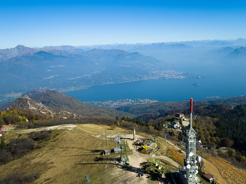 View from the top of Mottarone mountain, near the town of Stresa in Western Alps, Piedmont region in Italy.