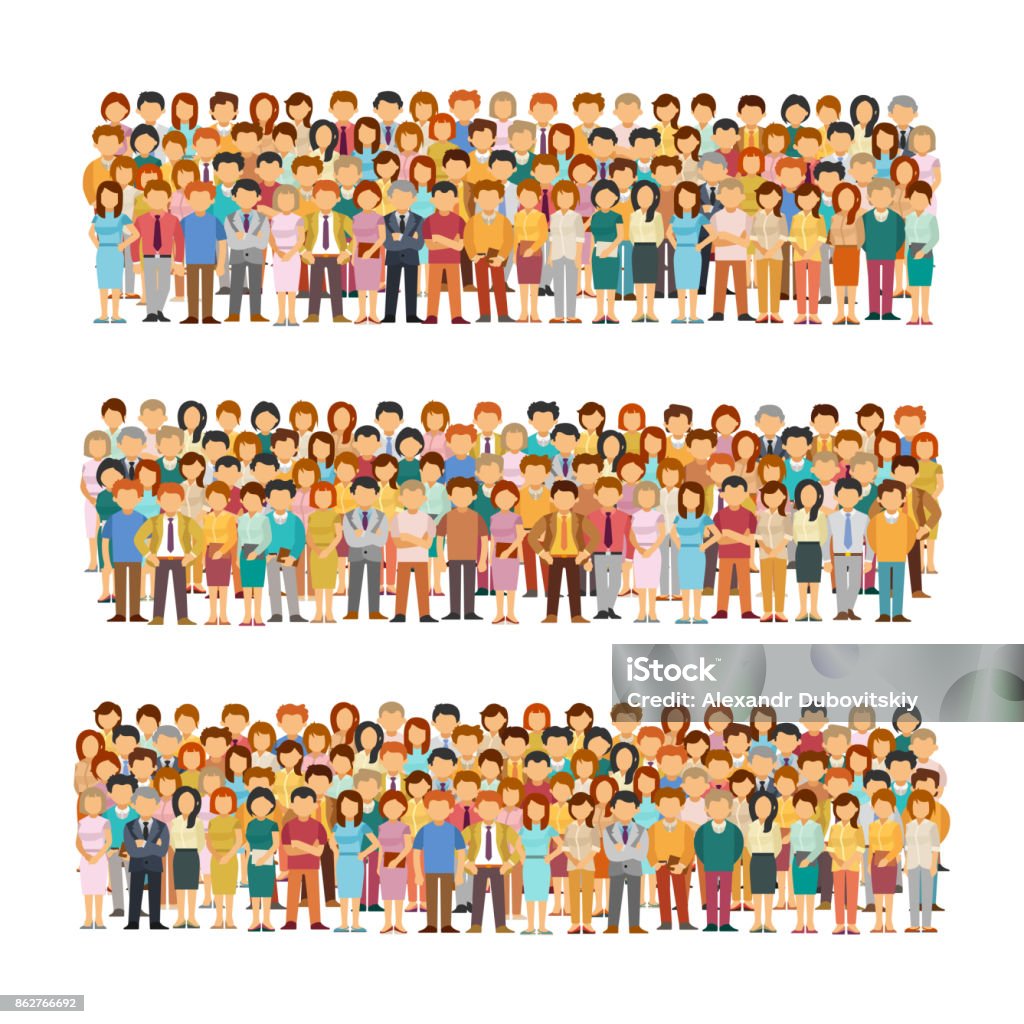 Set of vector people groups arranged in a row in flat style Crowd of People stock vector